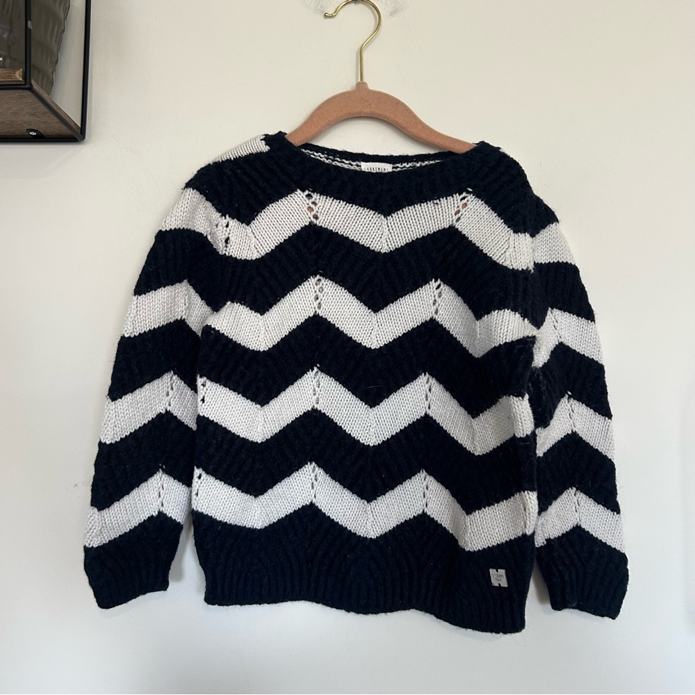 Carrement Beau Blue & White Striped Chevron Print Ling Sleeve Crewneck Sweater 6